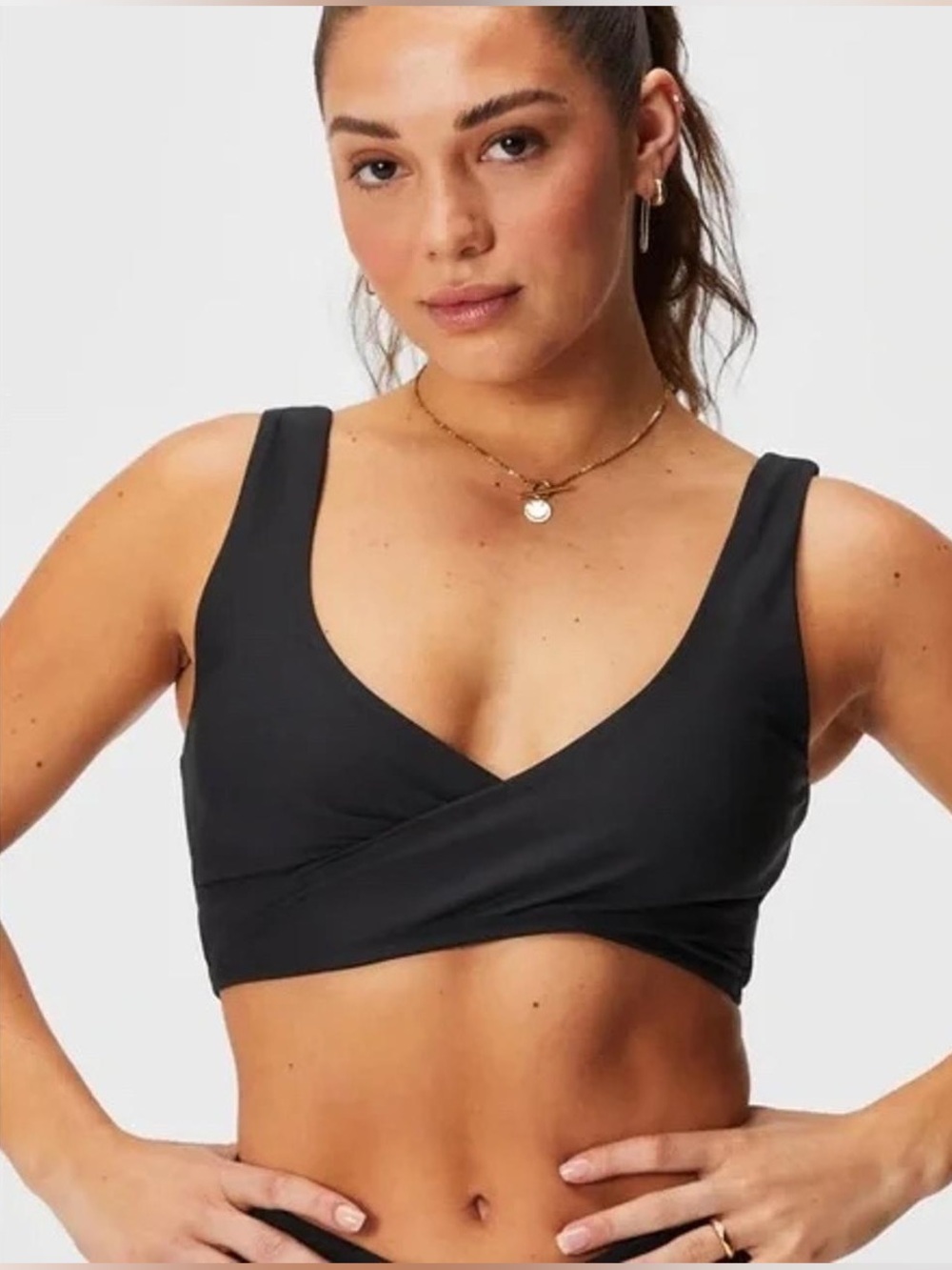 Fabletics Crossover Sports Bra Womens Large Black Low Impact Workout Pilates